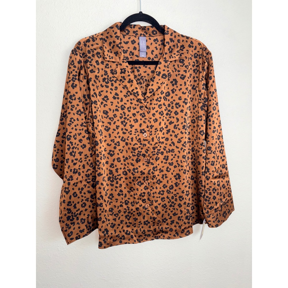 Auden Luxe Satin Pajama‎ Top Large Brown New Leopard Print Button Down Shirt
